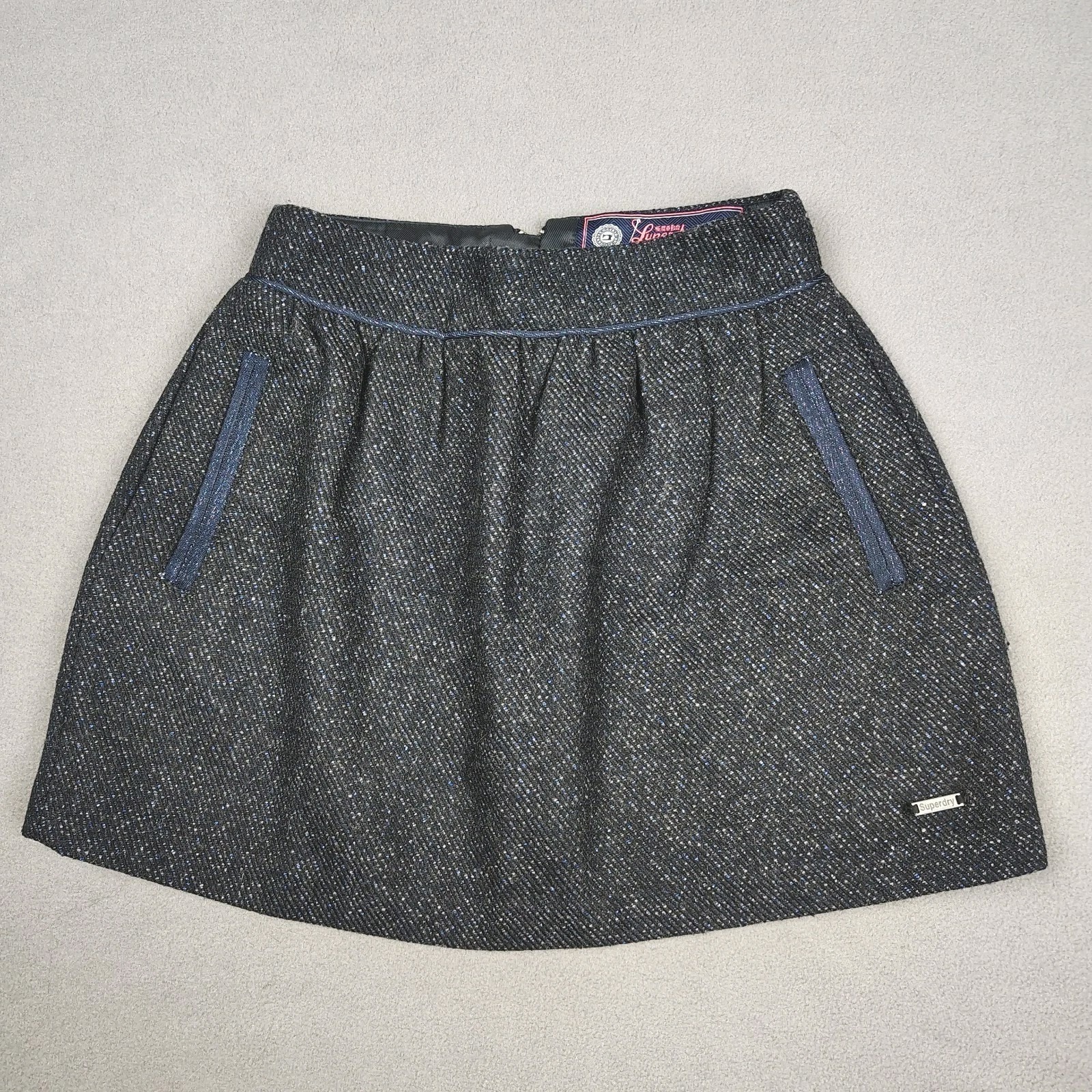 Superdry Tweed Mini Skirt Women Xs Navy Blue Wool Blend Preppy Academia Flirty